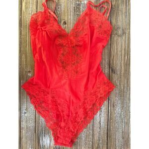 Vintage Guy Laroche Bodysuit Womens Lingerie Lace Teddy Red L Pin Up Romantic